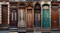 Collage of seven wooden vintage front doors to houses and homes