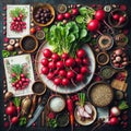 Collage of several bunches of radishes, and various seeds. There are also bowls of different sizes with nuts, seeds and other food