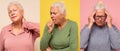 Collage of several portrait of senior woman with neckache, headache, coughing. Royalty Free Stock Photo