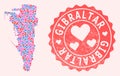 Collage of Sexy Smile Map of Gibraltar and Grunge Heart Stamp