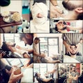 Collage of shaving beard in a old style barber shop.