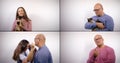 Collage shooting of portraits of a dark-haired woman and a bald man with glasses. They are in blue shirts, then in pink Royalty Free Stock Photo