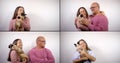 Collage shooting of portraits of a dark-haired woman and a bald man with glasses. They`re wearing pink sweaters. They