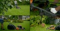 Collage shooting of a man who is in the country, wearing protective glasses, he mows the grass with a lawn mower, which