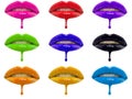 Collage of multicolored lip glosses dripping from woman`s lips over white background