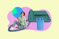Collage showing a person sitting on old telephone with book symbolizing outdated tools in modern office work or study Royalty Free Stock Photo