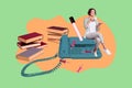Collage showing a person sitting on old telephone with book symbolizing outdated tools in modern office work or study Royalty Free Stock Photo