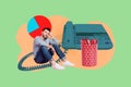 Collage showing a person sitting on old telephone with book symbolizing outdated tools in modern office work or study Royalty Free Stock Photo