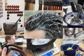 Collage showing phases of man hair coloring in the beauty salon.