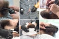 Collage showing the trimming beard with clippers in a barber shop. Close up. Royalty Free Stock Photo