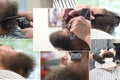 Collage showing the trimming beard with clippers in a barber shop. Close up.