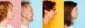 Collage. Side, profile view portraits of different people, men and women of different age looking away over multicolored Royalty Free Stock Photo