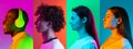 Collage of side view portraits of young people isolated over multicolored backgrounds in neon light. Flyer. Royalty Free Stock Photo