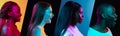 Collage of side view portraits of young smiling people isolated over multicolored backgrounds in neon light. Flyer. Royalty Free Stock Photo