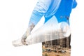 Collage of silhouette construction worker in uniform holds technical documentation and construction site. Effect of Royalty Free Stock Photo