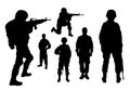 Collage with silhouettes of soldiers on background. Military service