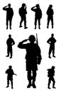 Collage with silhouettes of soldiers on background. Military service