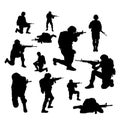 Collage with silhouettes of soldiers on background. Military service