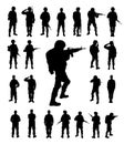 Collage with silhouettes of soldiers on background. Military service