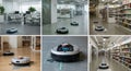 Collage of six images featuring robotic vacuum cleaners operating in different Royalty Free Stock Photo