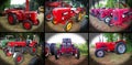 Collage of six red historical tractors