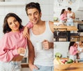 Collage of smiling couple holding cups