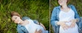 Collage. Smiling happy pregnant woman lying on the grass. Royalty Free Stock Photo