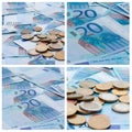Collage of some euro banknotes and euro coins. Full size Royalty Free Stock Photo