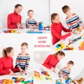 Collage from some pictures of mother and son doing homework Royalty Free Stock Photo