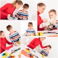 Collage from some pictures of mother and son doing homework Royalty Free Stock Photo