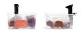 Collage of sous vide cooker and vacuum packed meat in container isolated on white. Thermal immersion circulator Royalty Free Stock Photo
