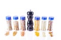 Different spices jars and pepper mill Royalty Free Stock Photo
