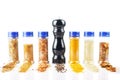 Different spices jars and pepper mill Royalty Free Stock Photo
