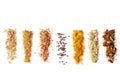 Different spices jars and pepper mill Royalty Free Stock Photo
