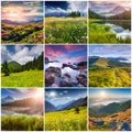 Collage with 9 square summer landscapes. Royalty Free Stock Photo