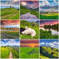 Collage with 9 square summer landscapes. Royalty Free Stock Photo