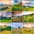 Collage with 9 square summer landscapes. Royalty Free Stock Photo