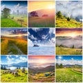 Collage with 9 square summer landscapes. Royalty Free Stock Photo