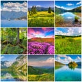 Collage with 9 square summer landscapes. Royalty Free Stock Photo