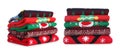 Collage with stacked folded Christmas sweaters on white background. Banner design