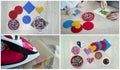Collage of step-by-step instruction for thermo mosaic.2 children collecting colorful beads,ironing,finished patterns Royalty Free Stock Photo