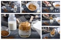 Collage of step-by-step preparation of Korean dalgona coffee