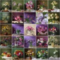 Collage from still lifes with bouquets. Flower background. Packing, calendar, advertizing, label.