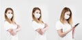 Collage stockfoto. Beautiful caucasian young woman in white t-shirt with disposable face mask. Protection versus viruses and Royalty Free Stock Photo