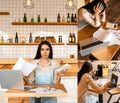 Collage of stressed cafe owner with laptop, documents, calculator and glasses Royalty Free Stock Photo