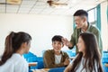 Collage Student discuss with Classmate in Classroom