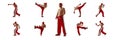 Collage. Studio shots of muscular fit man, professional boxer, mma fighter in red uniform training over white background Royalty Free Stock Photo