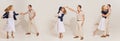 Collage with stunning couple, young woman and man wearing vintage clothes and dancing with pleasure over beige Royalty Free Stock Photo