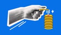 Collage Style Artwork of Hand and Coins in Bright Colors Royalty Free Stock Photo
