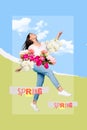 Collage style artwork with ukrainian split flag colors and charming adorable girl enjoying springtime have walk up in